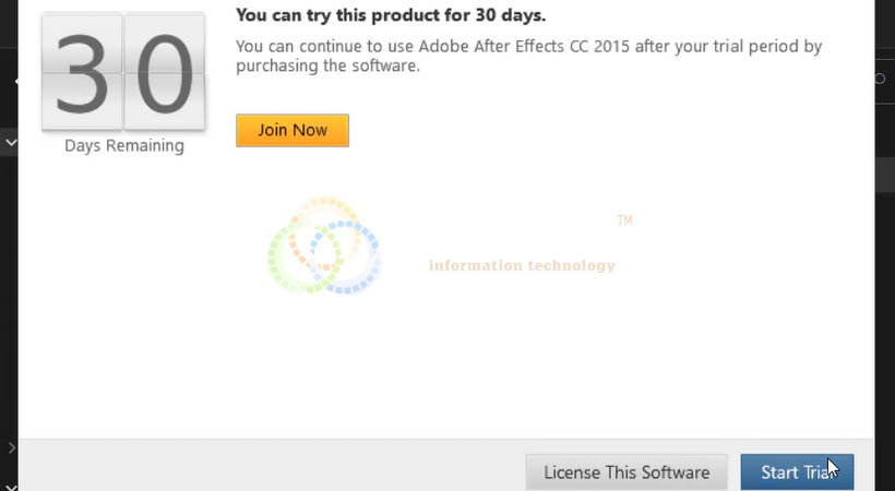 Chọn Start Tria để hoàn thành After Effects 2015