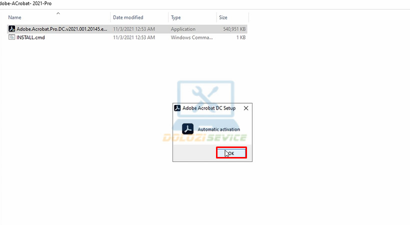 Tiến hành chọn OK để tiếp tục cài đặt Adobe Acrobat 2021.