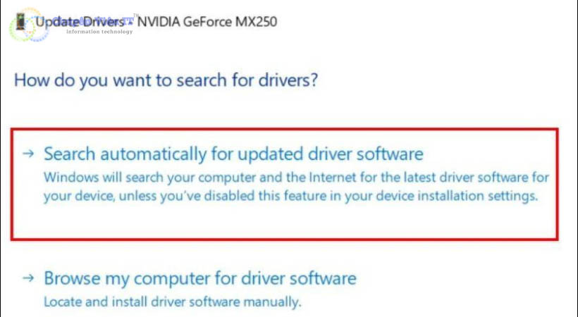 nhấp vào Search Automatically for updated driver software.