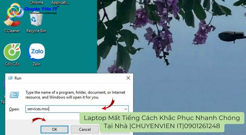 Windows+R > gõ vào tìm kiếm services.msc > nhấn OK