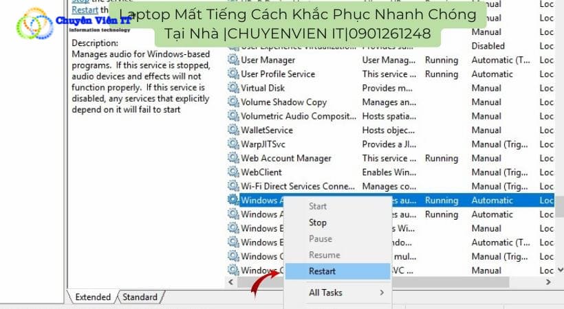 Windows Audio > ấn chọn Restart