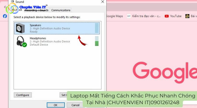 Speakers/HP > chọn tiếp Properties laptop mất tiếng