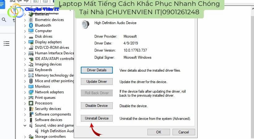 High Definition Audio Device > chọn Uninstall laptop mất tiếng