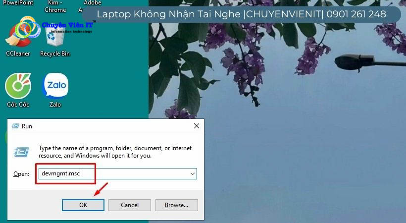 Sử dụng phím Windows + R > Nhập devmgmt.msc > Nhấn OK.