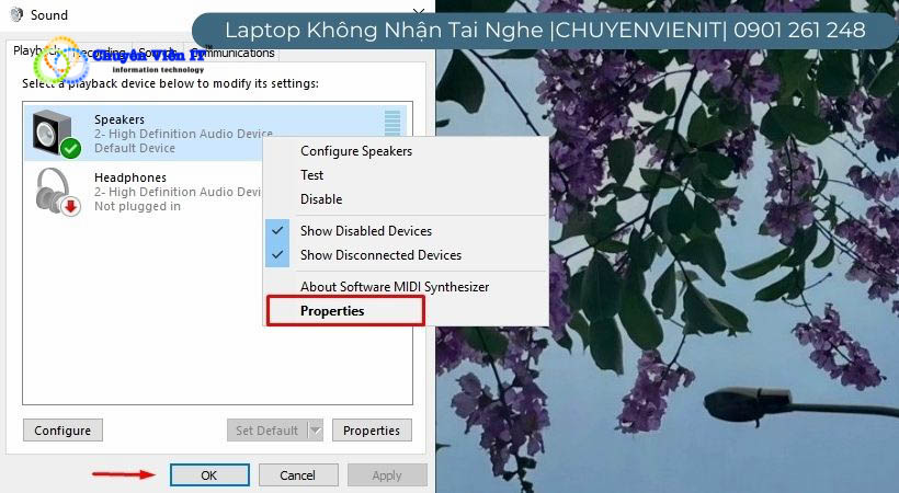 Tại “Playback”, bạn click chuột phải vào tên thiết bị tai nghe và chọn mục “ Properties ”.