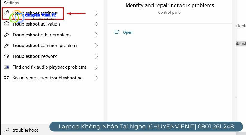 Chọn vào cửa sổ Windows ở góc trái màn hình rồi nhập “ troubleshoot ” vào ô tìm kiếm. Chọn vào Troubleshoot Settings.